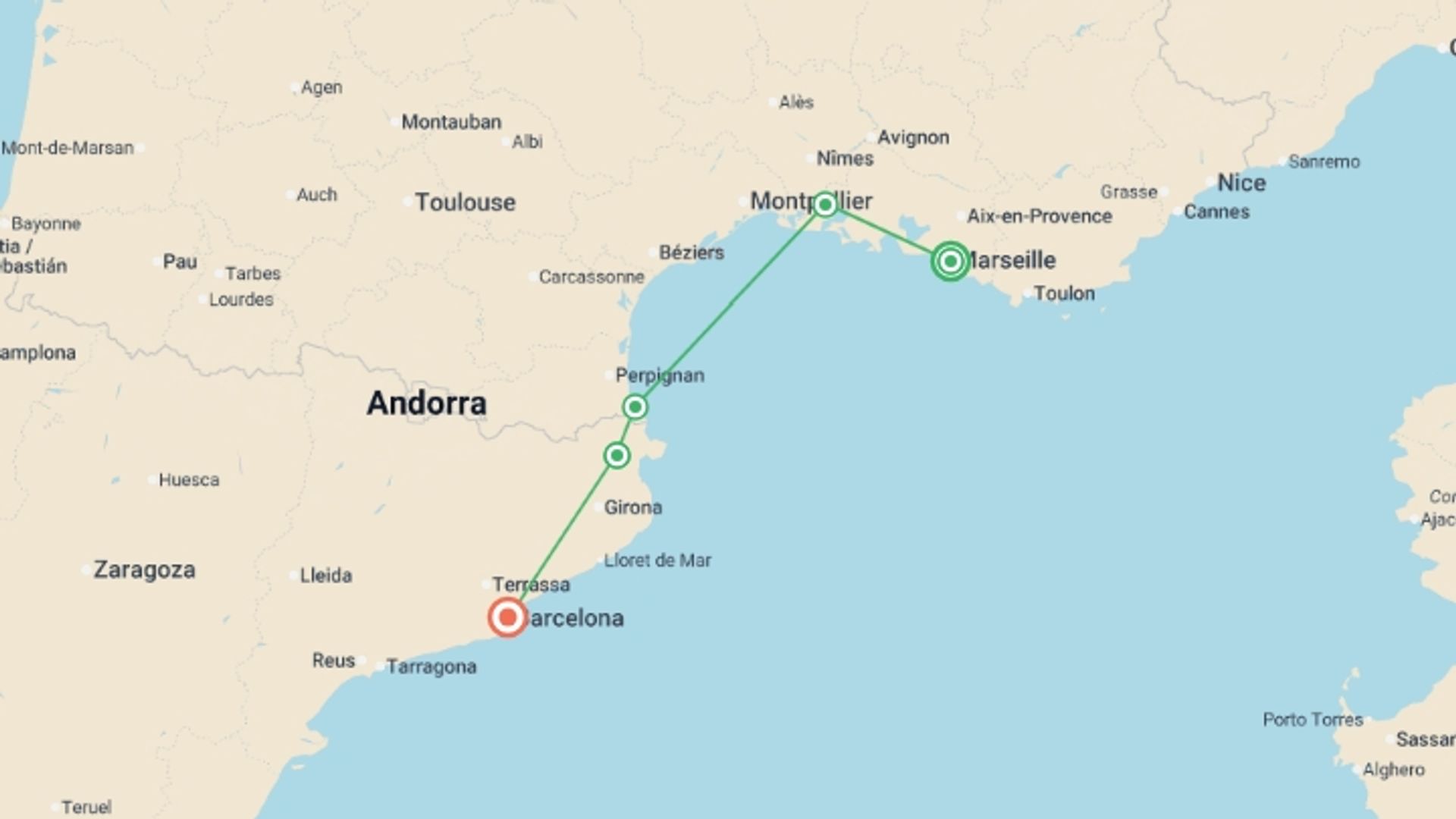 A map showing the tour itinerary for the trip: Cycle Marseille to Barcelona, starting in Marseille, France and ending in Barcelona, Spain going through 5 other destinations.