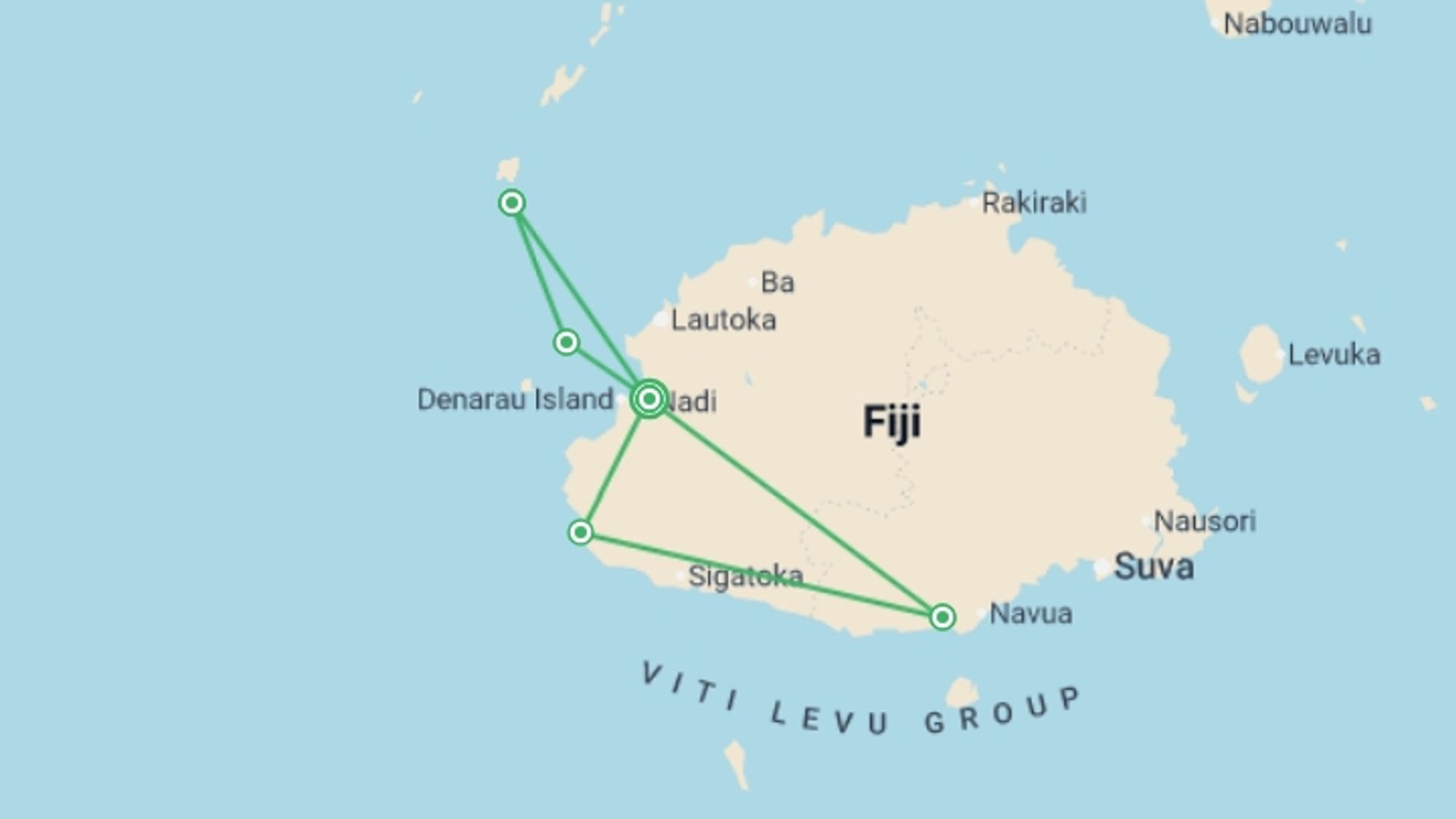 A map showing the tour itinerary for the trip: Fijian Explorer 14D/13N, starting in Nadi, Fiji and ending in Nadi, Fiji going through 4 other destinations.