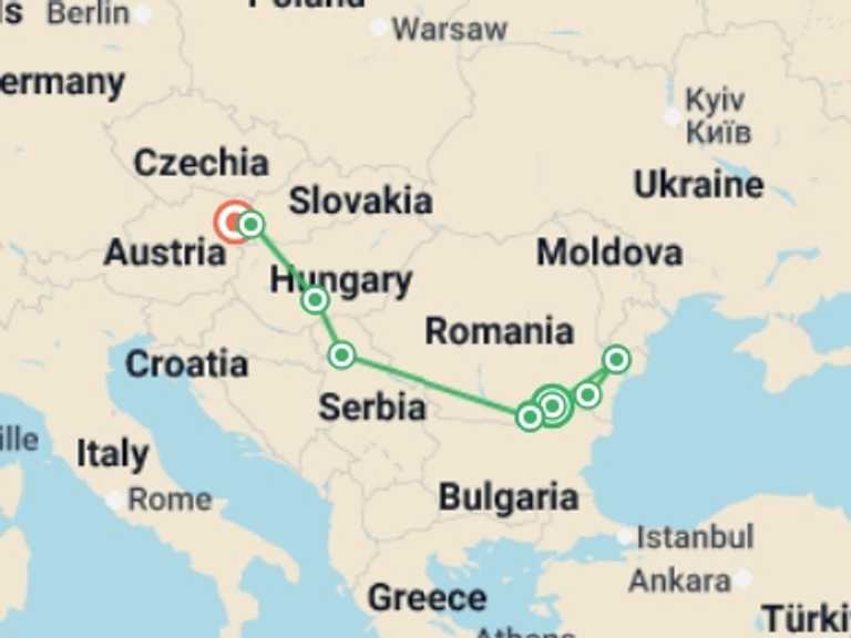 Map itinerary of Europe Tour in Spring with 8 destination visits for the trip: From the Black Sea to the Blue Danube (port-to-port cruise)