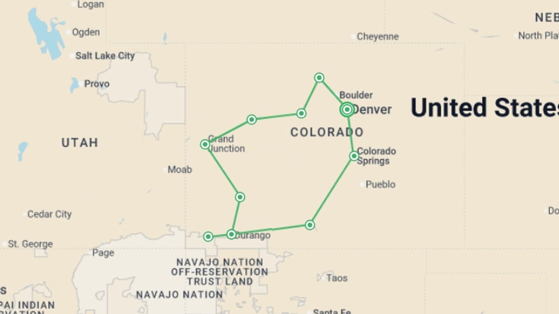A map showing the tour itinerary for the trip: Wild Colorado Explorer - 8 days, starting in Denver, USA and ending in Denver, USA going through 5 other destinations.