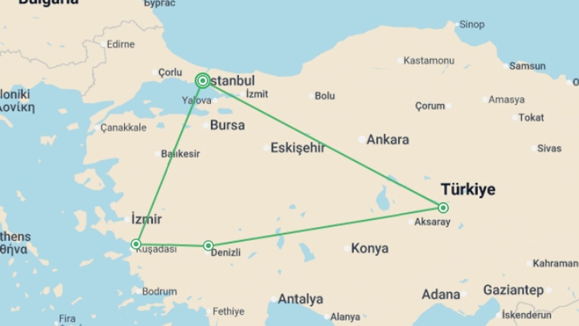 A map showing the tour itinerary for the trip: Turkey Flyer Tour, starting in Istanbul, Turkey and ending in Istanbul, Turkey going through 3 other destinations.