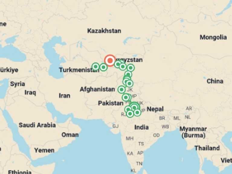 Map itinerary of Tashkent Tour in September 2026 with 18 destination visits for the trip: Moghul Caravan