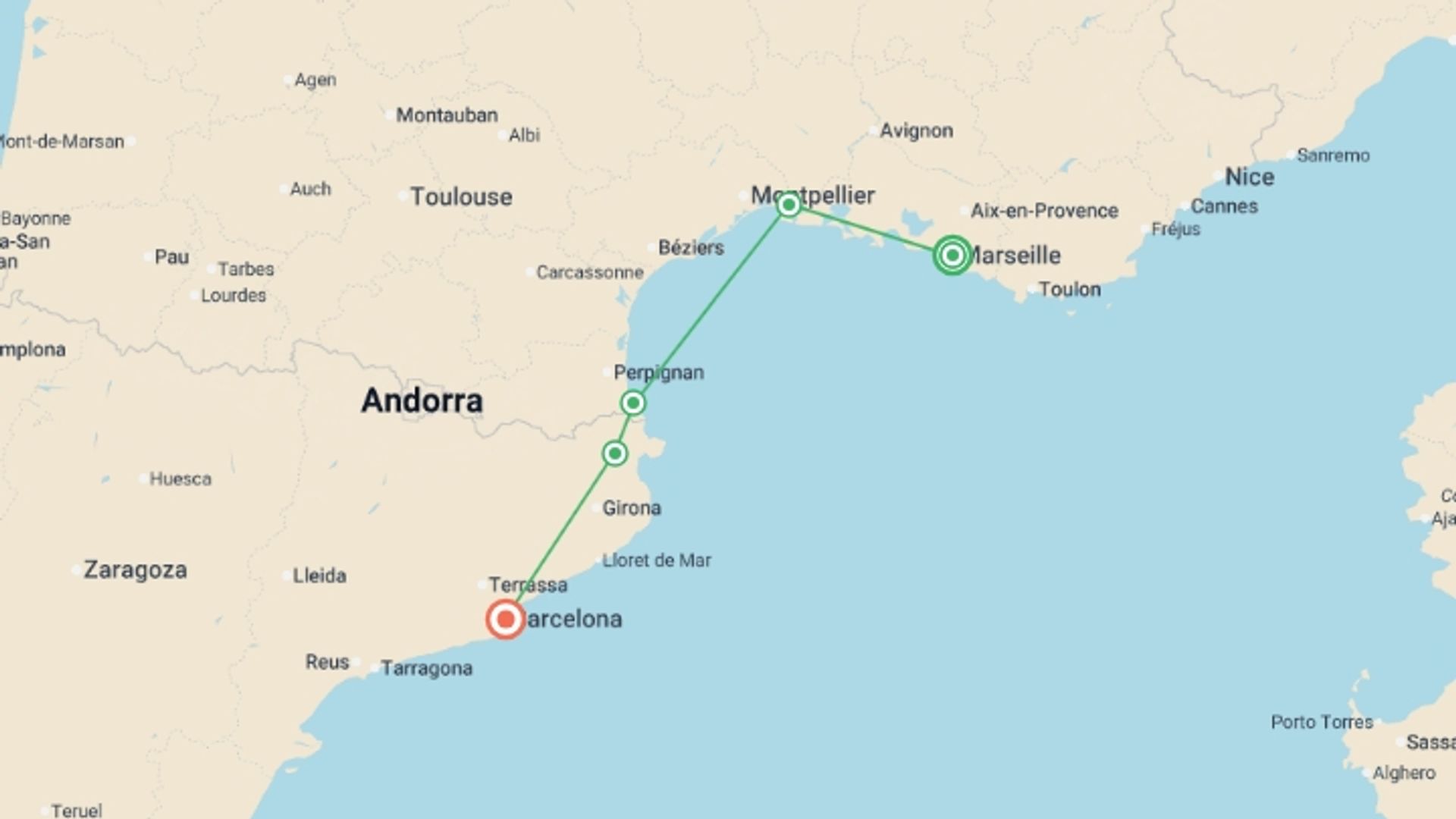 A map showing the tour itinerary for the trip: Cycle Marseille to Barcelona, starting in Marseille, France and ending in Barcelona, Spain going through 6 other destinations.