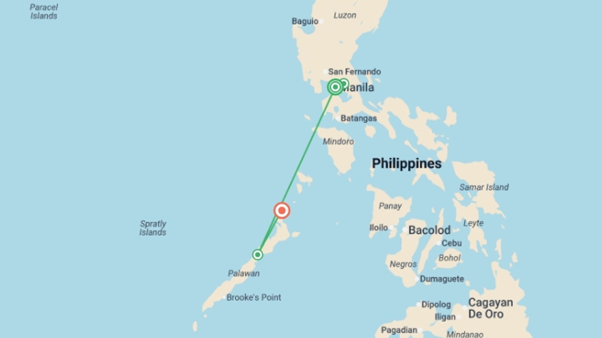A map showing the tour itinerary for the trip: Manila and Palawan: Jungle Trekking, Local Eats & Epic Beaches, starting in Manila, Philippines and ending in El Nido, Philippines going through 2 other destinations.