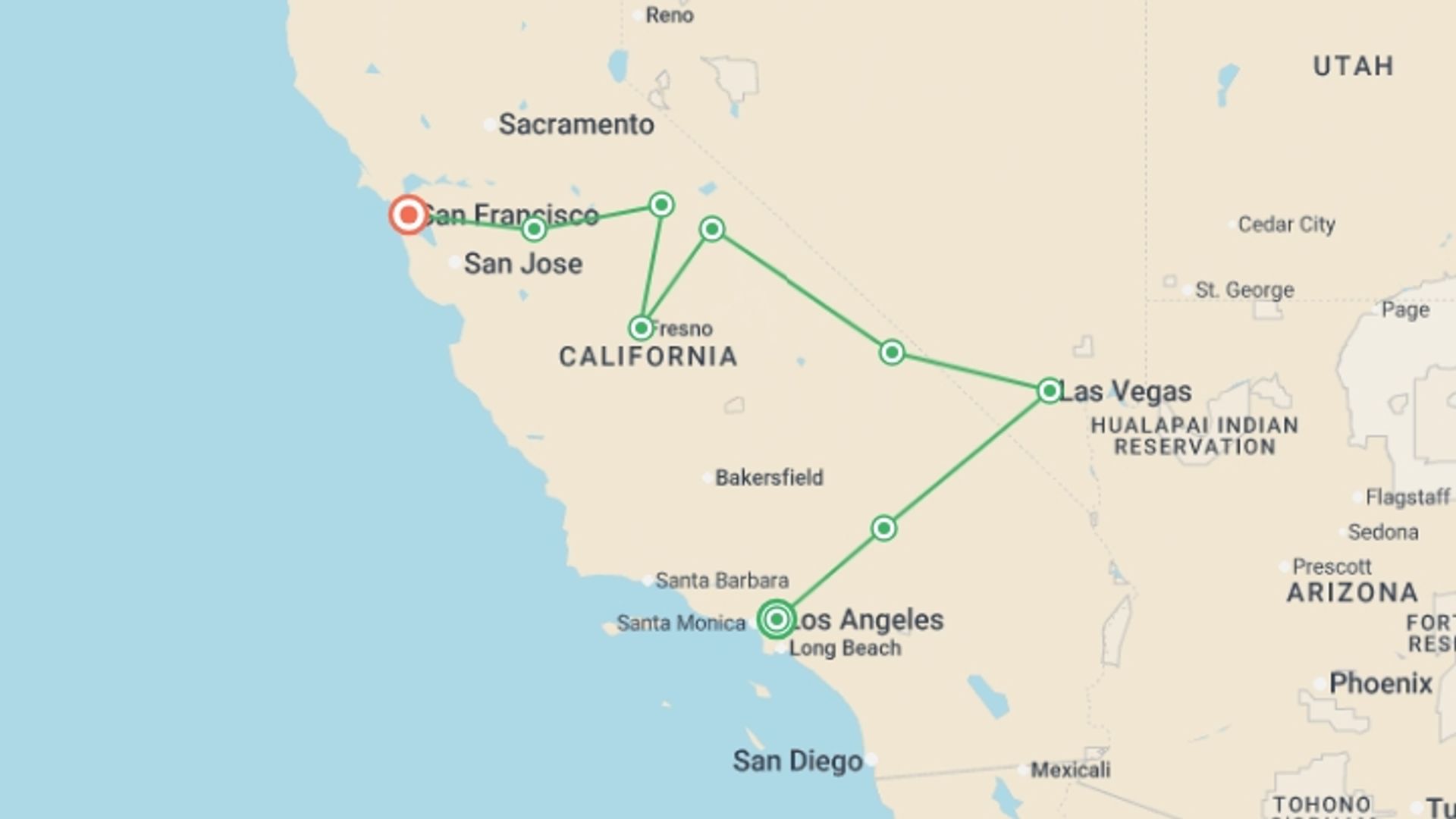 A map showing the tour itinerary for the trip: Mojave, Death Valley & Yosemite - 7 days, starting in Los Angeles, USA and ending in San Francisco, USA going through 4 other destinations.
