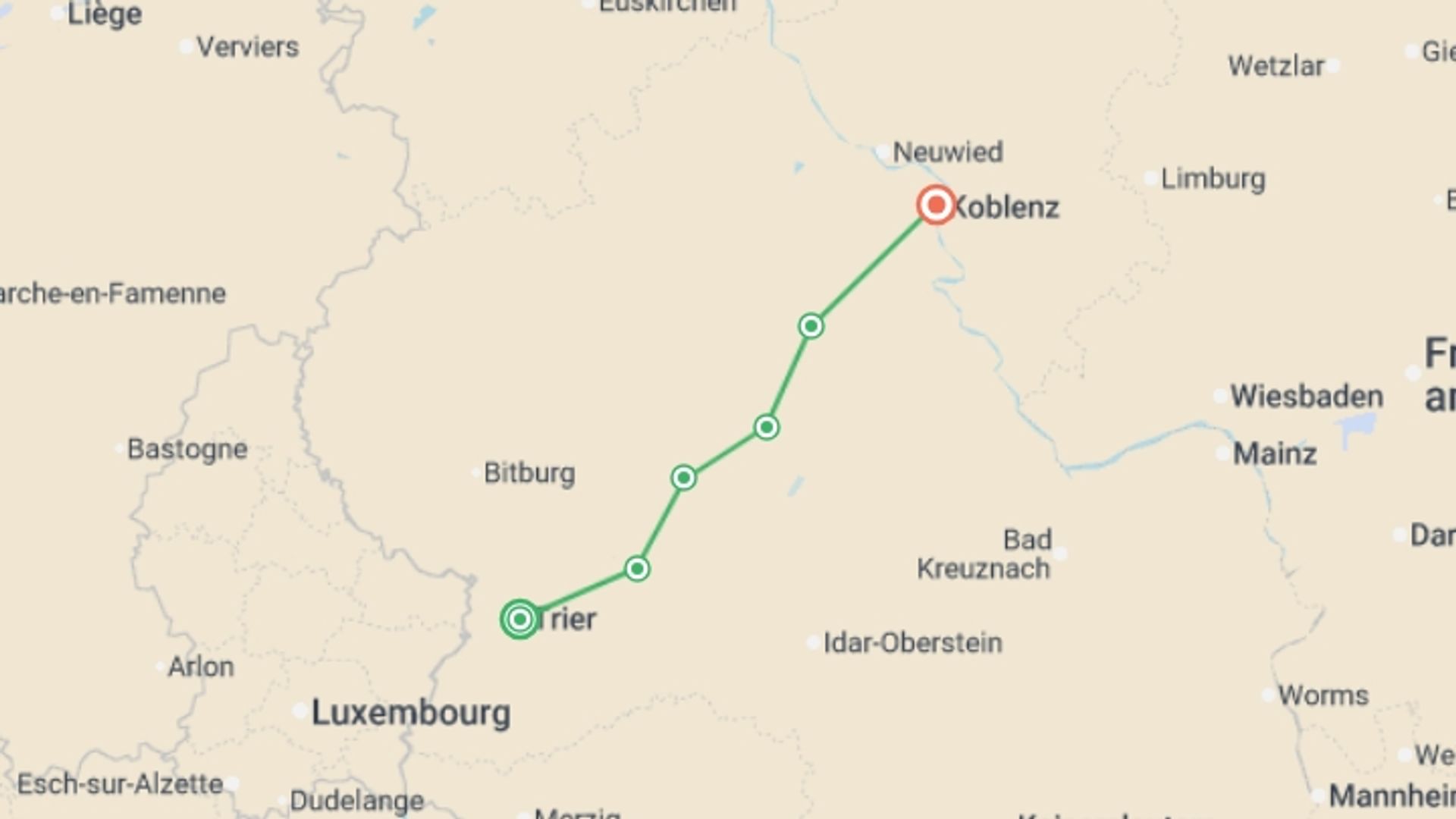 A map showing the tour itinerary for the trip: Moselle Bike Path Cycle: Trier to Koblenz, starting in Trier, Germany and ending in Koblenz, Germany going through 4 other destinations.