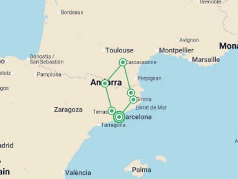 Map itinerary of Europe Tour in Fall with 3 destination visits for the trip: Catalonia, South of France and Andorra