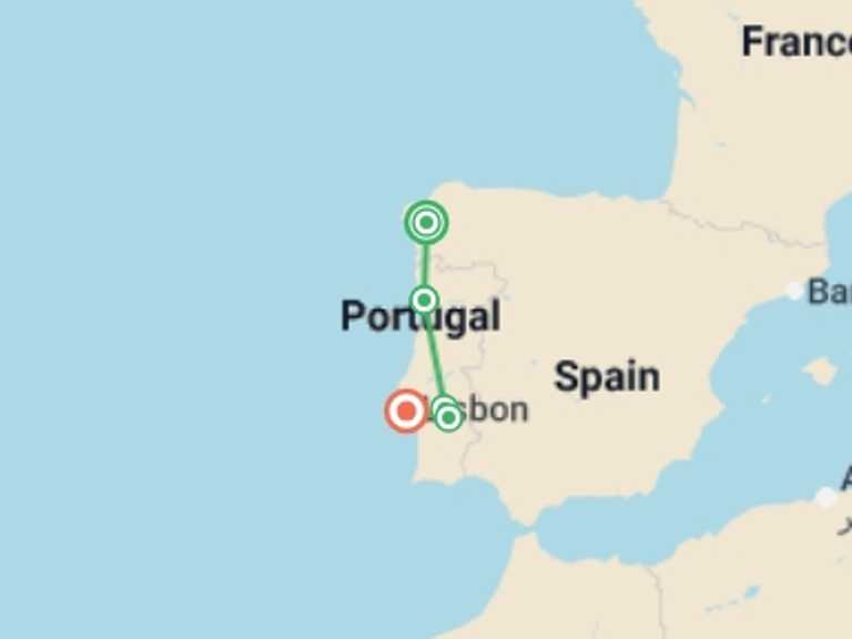 Map of 7-Day Lisbon Tour with 6 destination visits for the trip: Portugal Real Food Adventure, featuring Galicia