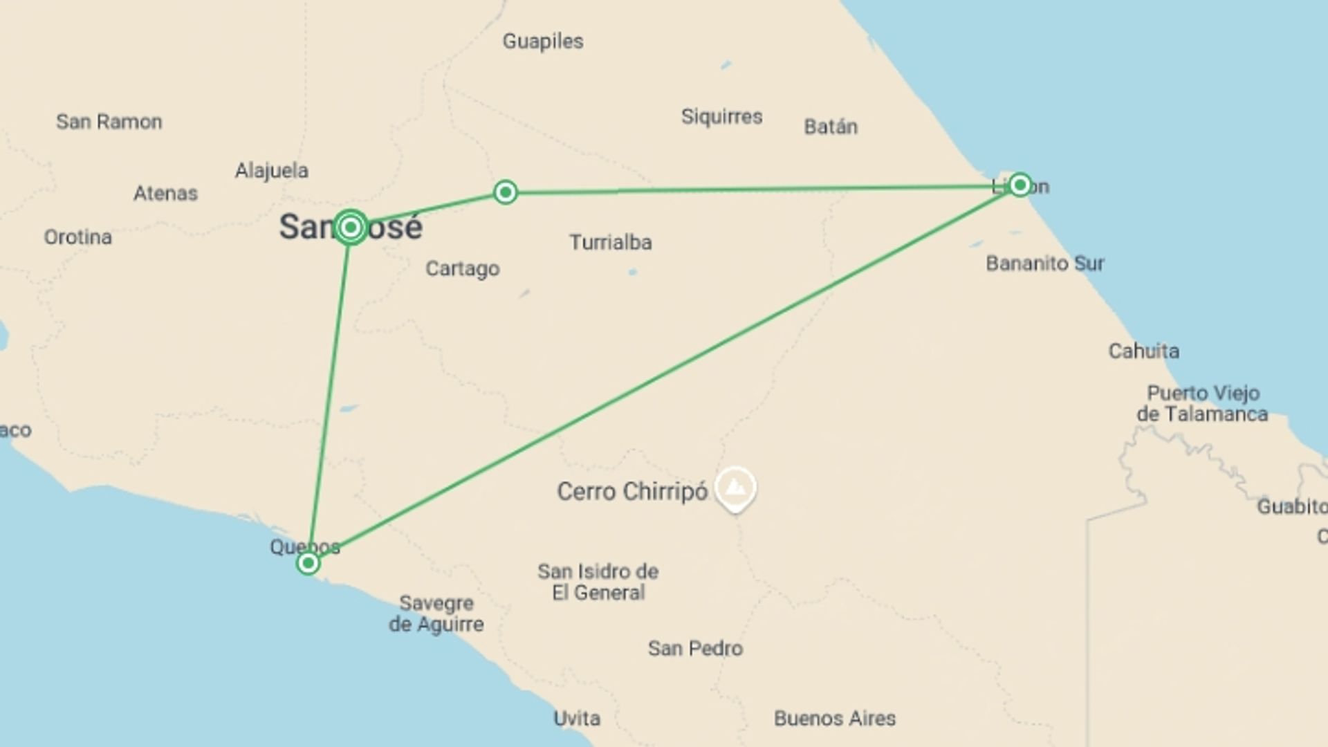 A map showing the tour itinerary for the trip: Costa Rica: The Osa Peninsula & Manuel Antonio National Park, starting in San Jose, Costa Rica and ending in San Jose, Costa Rica going through 3 other destinations.