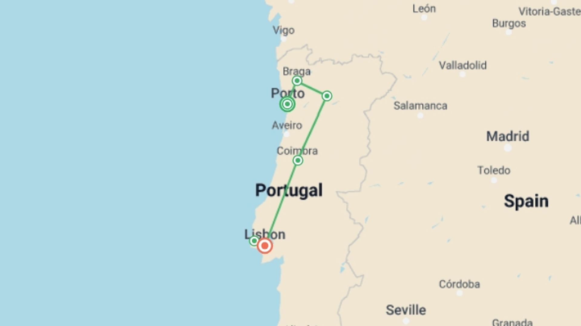 A map showing the tour itinerary for the trip: Portugal Signature - Private Journey, starting in Porto, Portugal and ending in Lisbon, Portugal going through 4 other destinations.