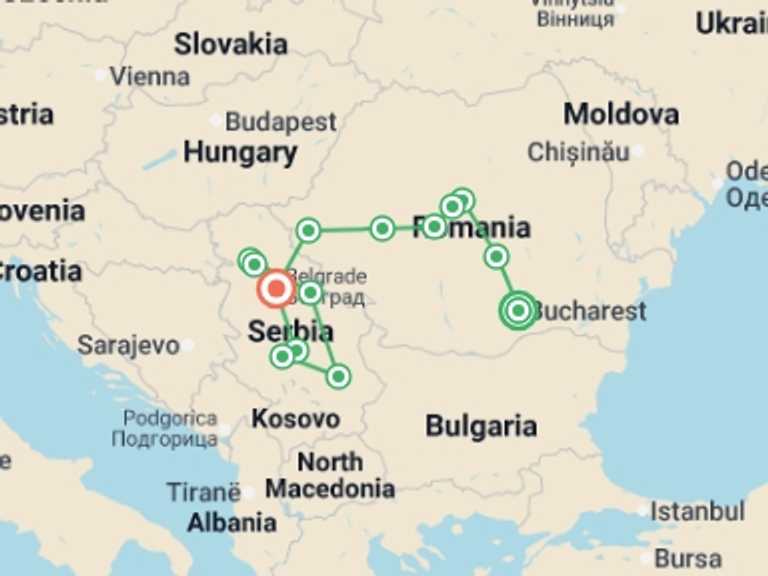 Map of Europe Tour with 7 destination visits for the trip: Romanian and Serbian Treasures