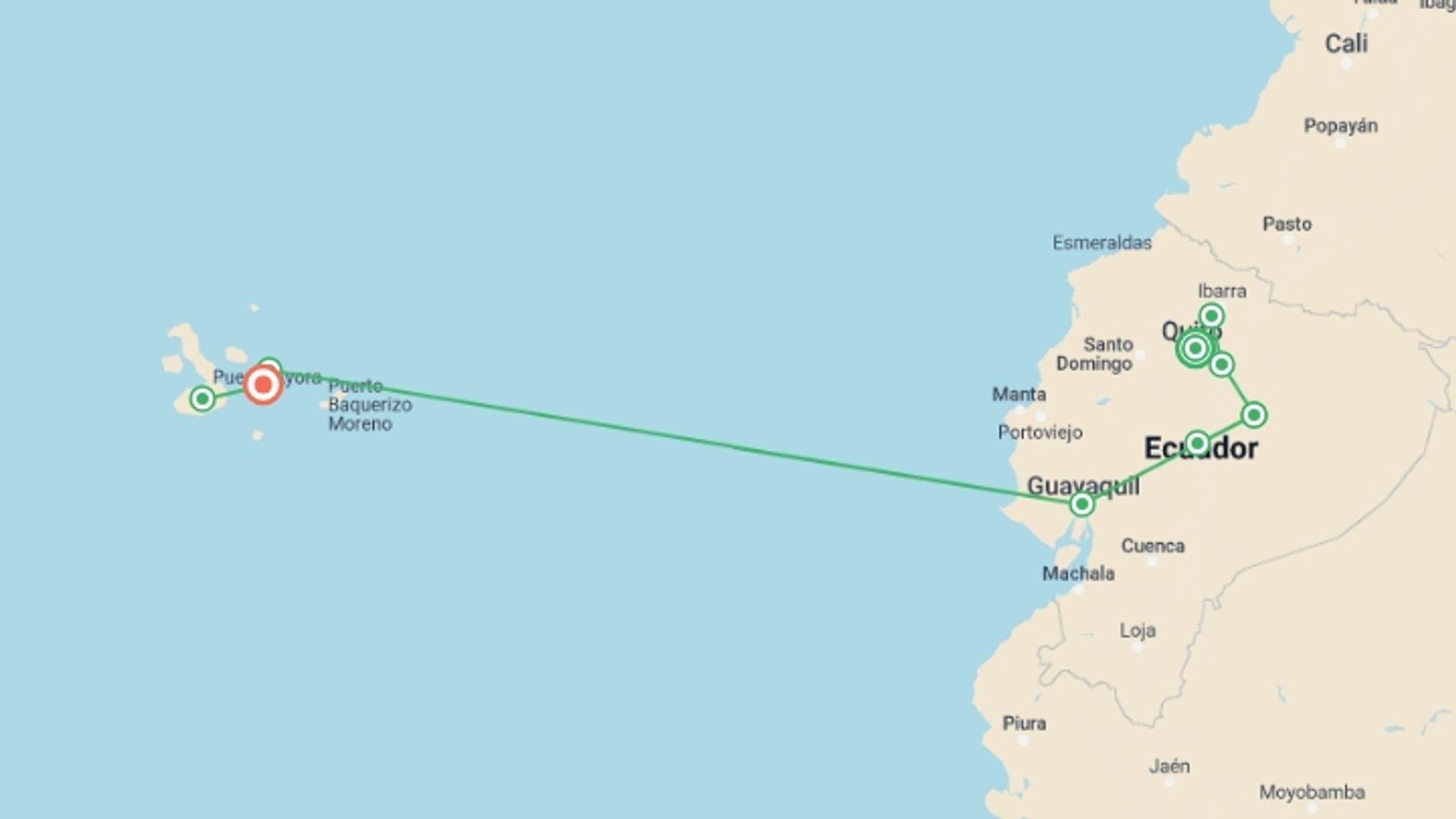 A map showing the tour itinerary for the trip: Best of Ecuador and Galapagos Islands, starting in Quito, Ecuador and ending in Isla Santa Cruz, Ecuador going through 8 other destinations.