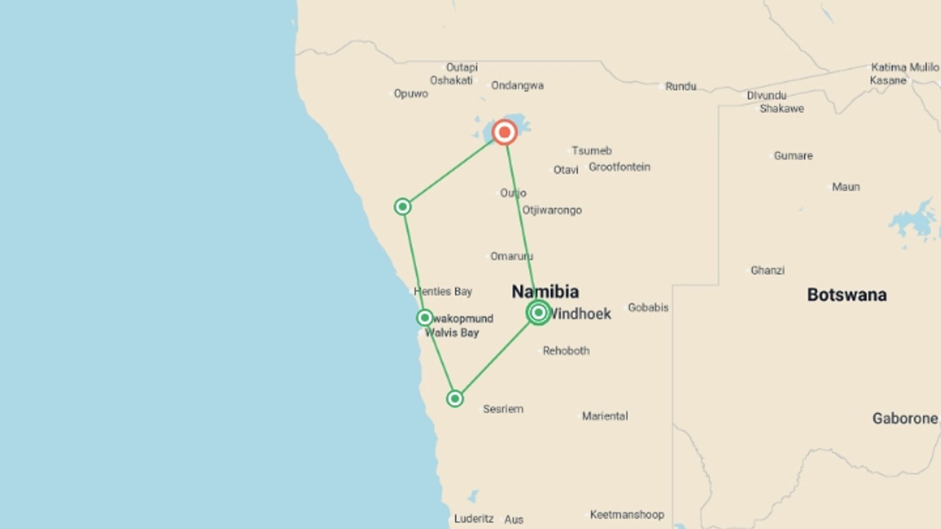 A map showing the tour itinerary for the trip: Northern Namibia Explorer, starting in Windhoek, Namibia and ending in Etosha National Park, Namibia going through 3 other destinations.