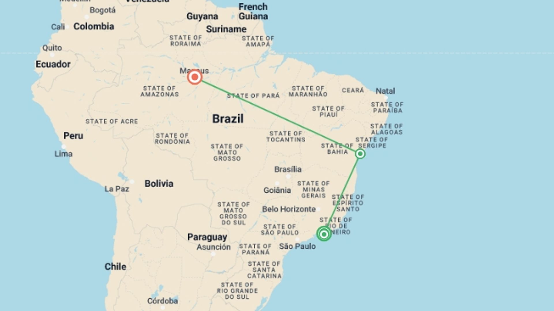 A map showing the tour itinerary for the trip: 13 days in Rio de Janeiro, Salvador and Manaus, starting in Rio de Janeiro, Brazil and ending in Manaus, Brazil going through 2 other destinations.