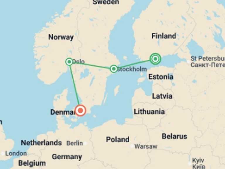 Map itinerary of Europe Tour in Fall with 4 destination visits for the trip: Northern Capitals, a Women-Only Tour