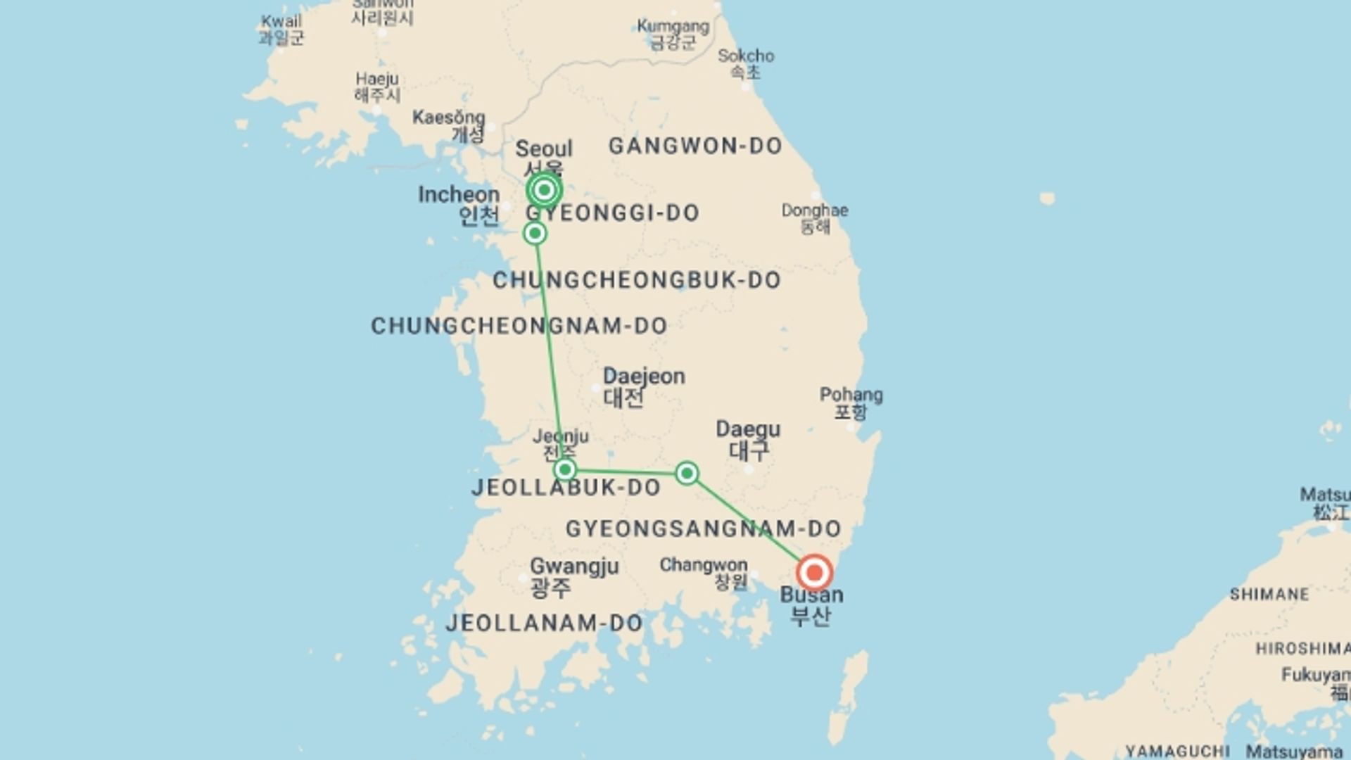 A map showing the tour itinerary for the trip: Flavors and Colors of Korea, starting in Seoul, South Korea and ending in Busan, South Korea going through 1 other destinations.