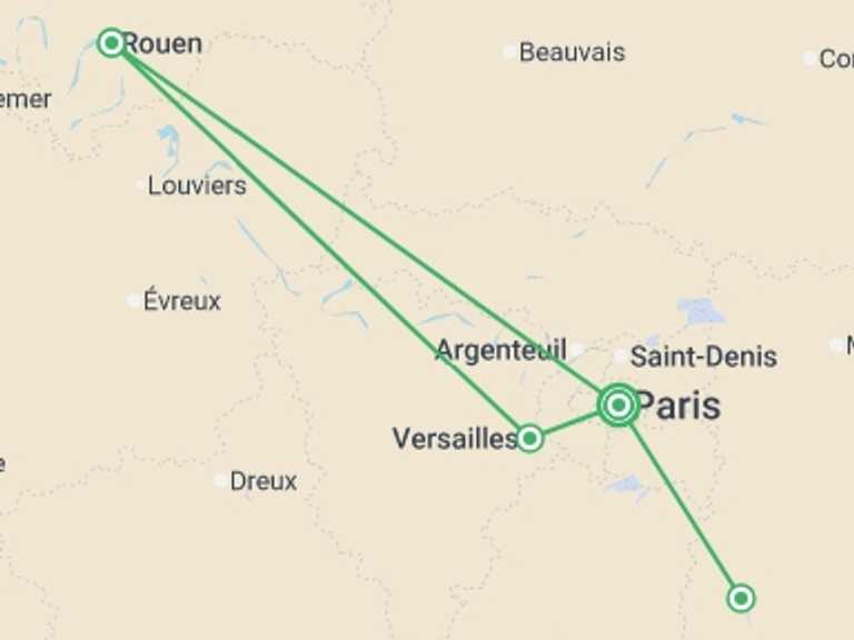 Map itinerary of France Tour in May 2026 with 5 destination visits for the trip: THE HISTORY OF FRANCE FROM PARIS TO NORMANDY Between heritage, landscapes, and Impressionist nuances (port-to-port cruise)