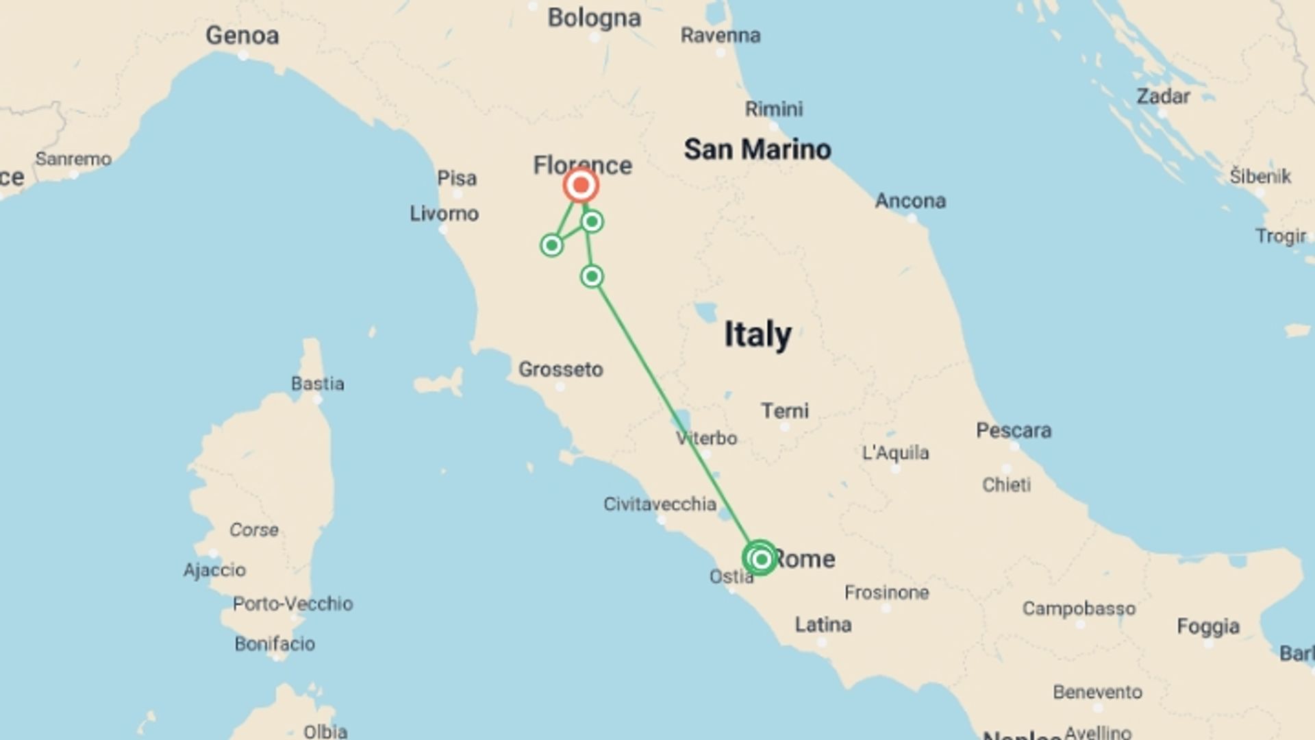 A map showing the tour itinerary for the trip:  Rome, Florence & Tuscany Family Adventure, starting in Rome, Italy and ending in Florence, Italy going through 4 other destinations.