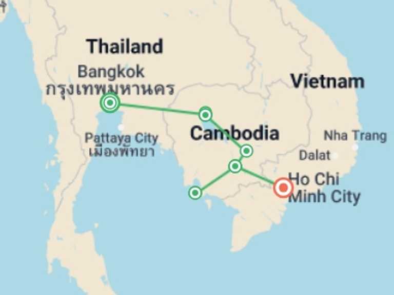Map of Ho Chi Minh City Local culture Tour with 7 destination visits for the trip: Cambodia Adventure