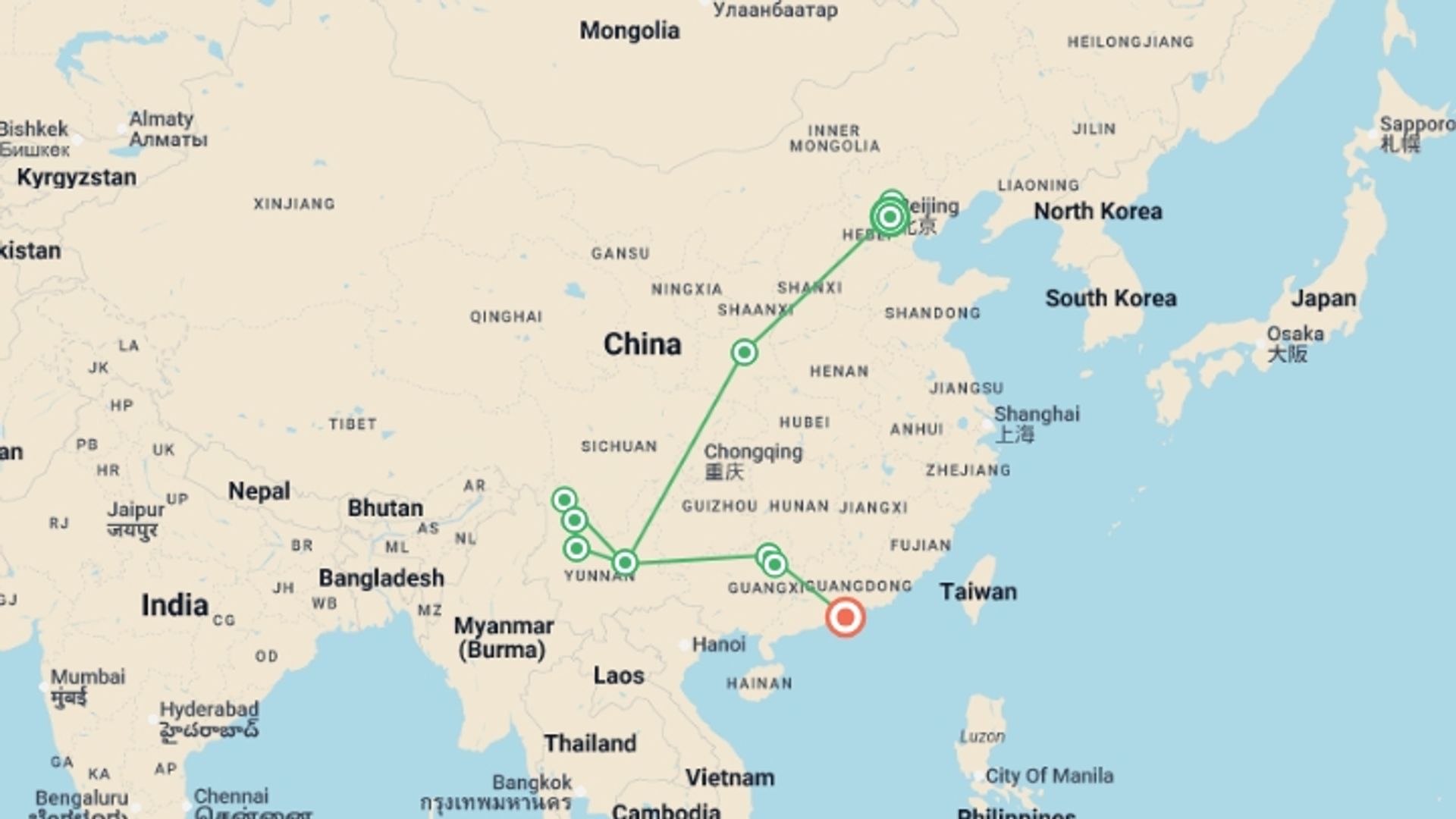 A map showing the tour itinerary for the trip: Beijing to Yunnan & Hong Kong - 16 days, starting in Beijing, China and ending in Hong Kong, Hong Kong going through 6 other destinations.