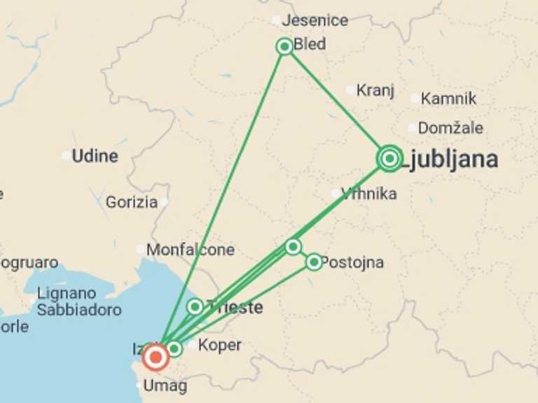 Map of Europe Tour with 2 destination visits for the trip: Slovenia & Trieste - 8 days