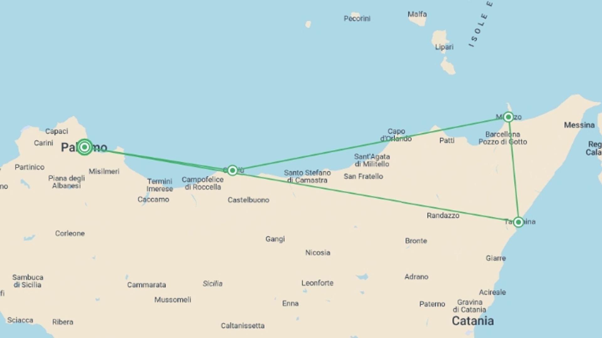A map showing the tour itinerary for the trip: Sicilian Paradise, starting in Palermo, Italy and ending in Palermo, Italy going through 2 other destinations.