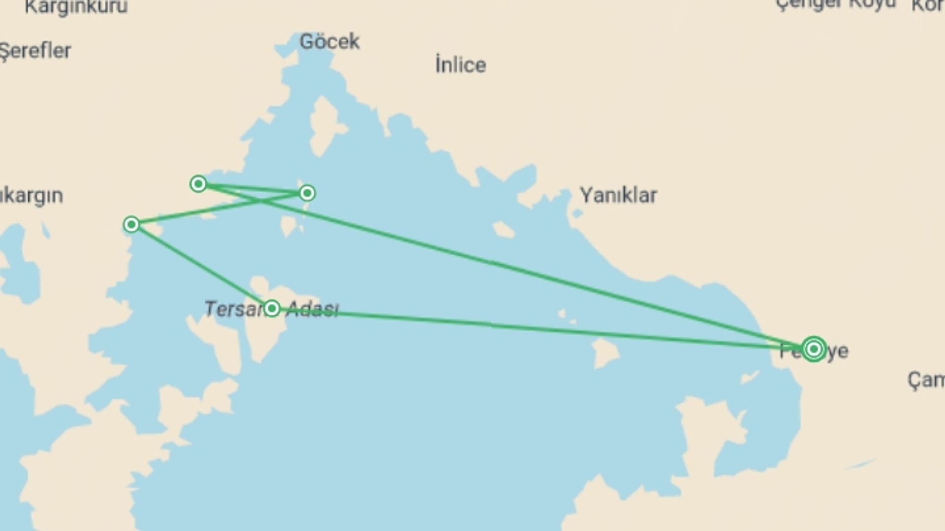 A map showing the tour itinerary for the trip: Sapphire Blue - Fethiye / Gocek, starting in Fethiye, Turkey and ending in Fethiye, Turkey going through 4 other destinations.