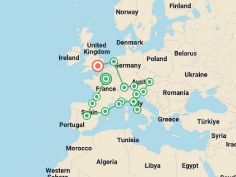 Map itinerary of Europe Tour in April 2027 with 17 destination visits for the trip: European Grandeur