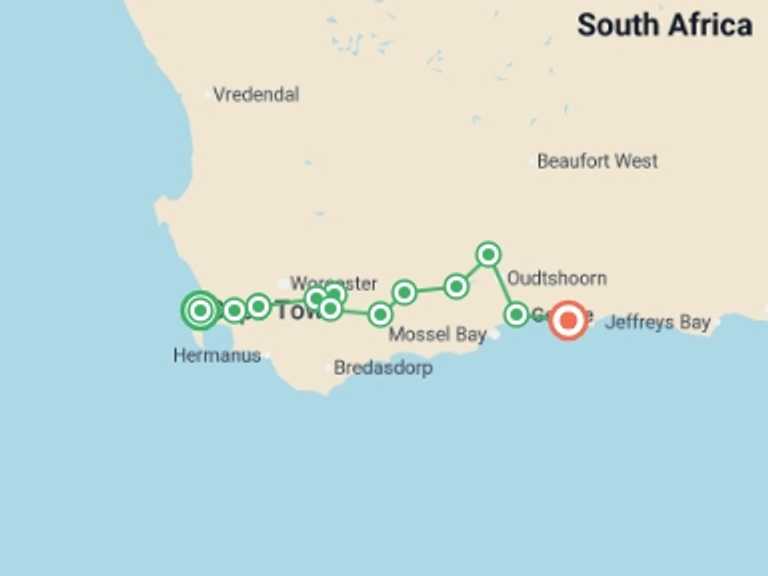 Map itinerary of Africa Tour in September 2026 with 12 destination visits for the trip: Cycling South Africa's Garden Route