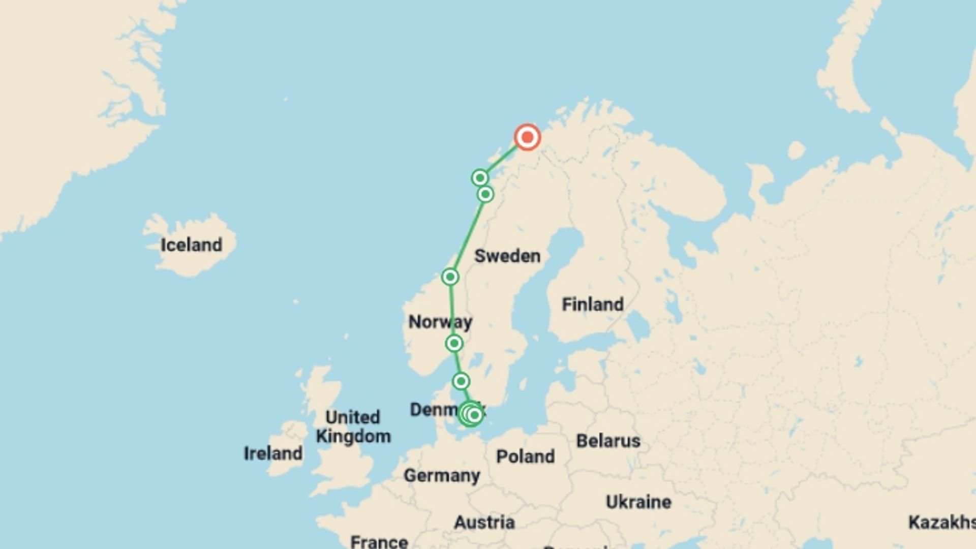A map showing the tour itinerary for the trip: Copenhagen to Northern Norway, starting in Copenhagen, Denmark and ending in Tromso, Norway going through 4 other destinations.