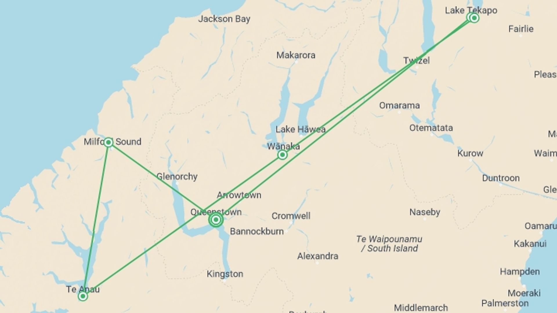 A map showing the tour itinerary for the trip: NZ Adventure South, starting in Queenstown, New Zealand and ending in Queenstown, New Zealand going through 6 other destinations.