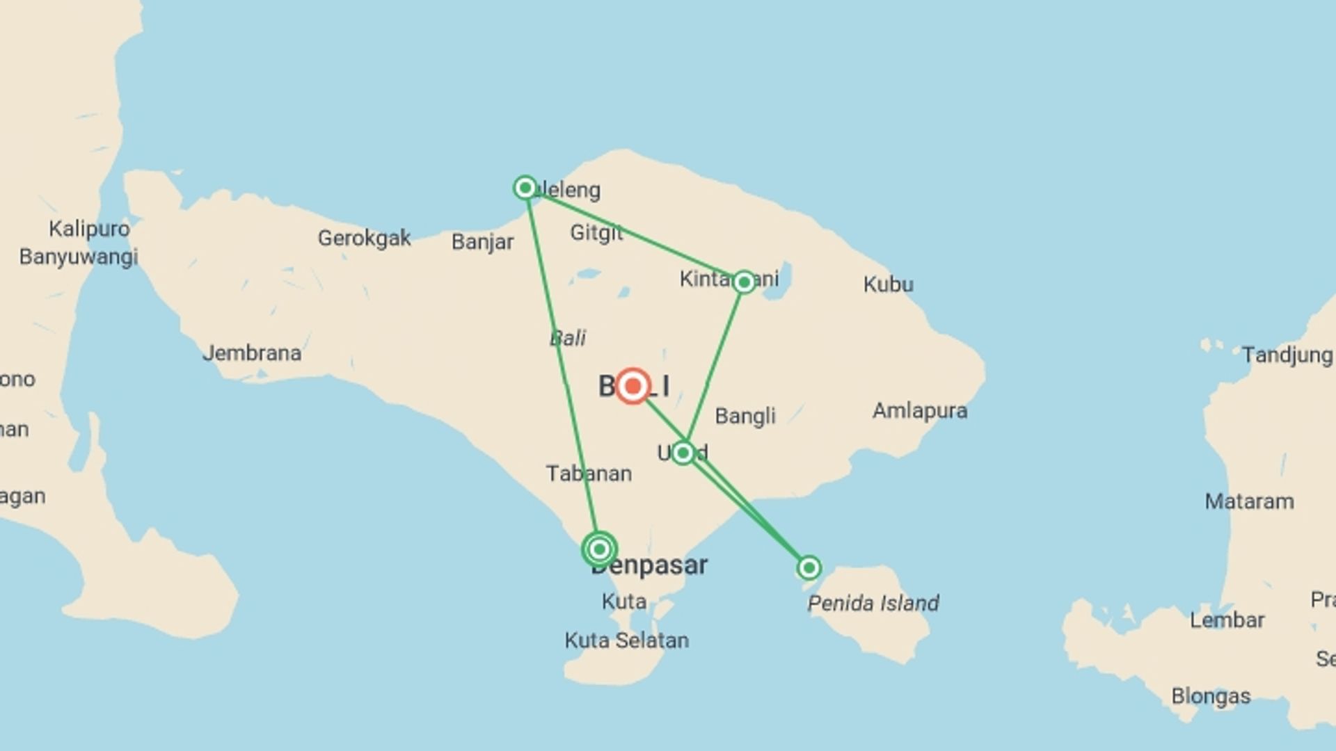 A map showing the tour itinerary for the trip: Bali to Lembongan: Island Hopping Bliss, starting in Canggu, Indonesia and ending in Bali, Indonesia going through 4 other destinations.