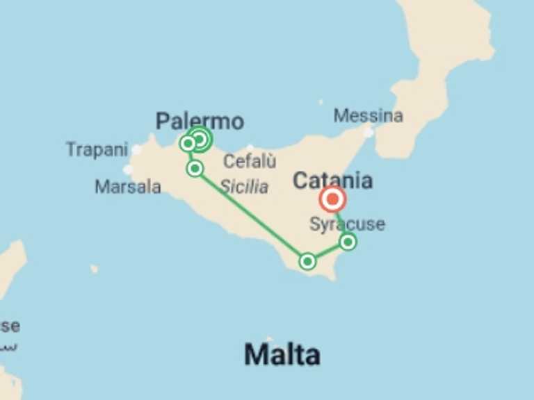 Map itinerary of Palermo Tour in Spring with 7 destination visits for the trip: A Taste of Sicily - Palermo to Syracusa