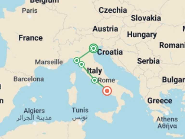 Map itinerary of Italy Tour in August 2027 with 7 destination visits for the trip: Best of Italy Family Holiday
