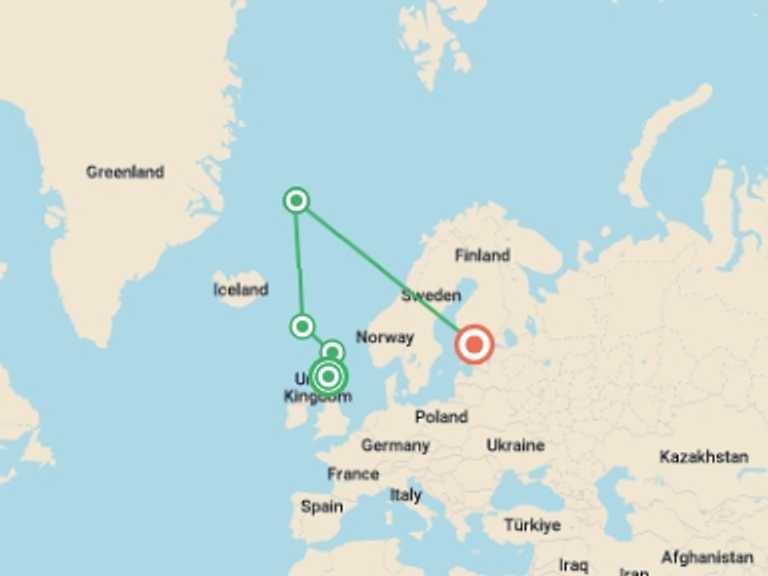Map itinerary of Europe Tour in May 2026 with 7 destination visits for the trip: Arctic Saga: Exploring Spitsbergen via the Faroes and Jan Mayen