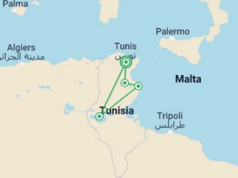 Map of Tunis Tour with 4 destination visits for the trip: Tunisian Coast and Ancient Carthage in Summer