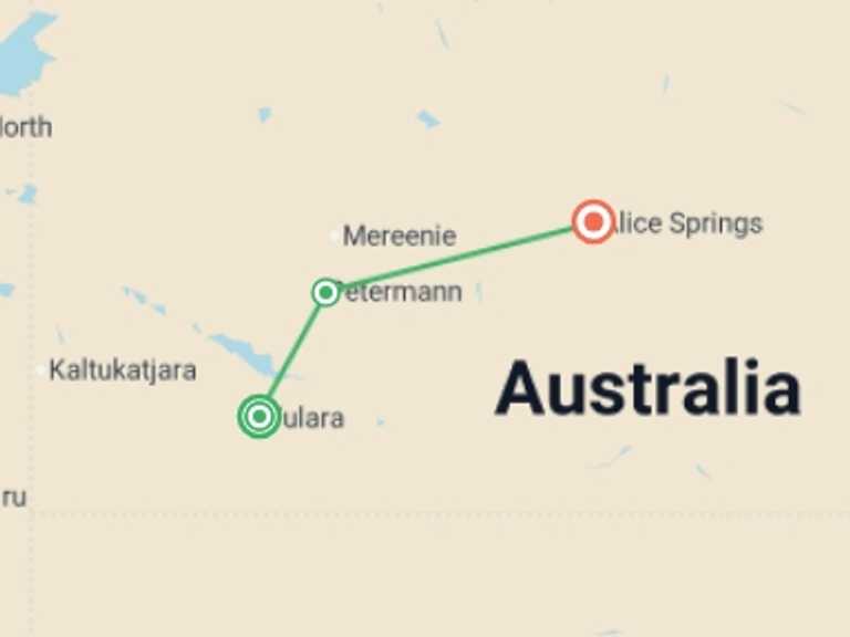 Map of Australia Trekking and Hiking Tour with 3 destination visits for the trip: Red Centre & Uluru Explorer