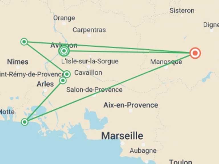 Map of a Bicycle Tour with 6 destination visits for the trip: Cycle Provence