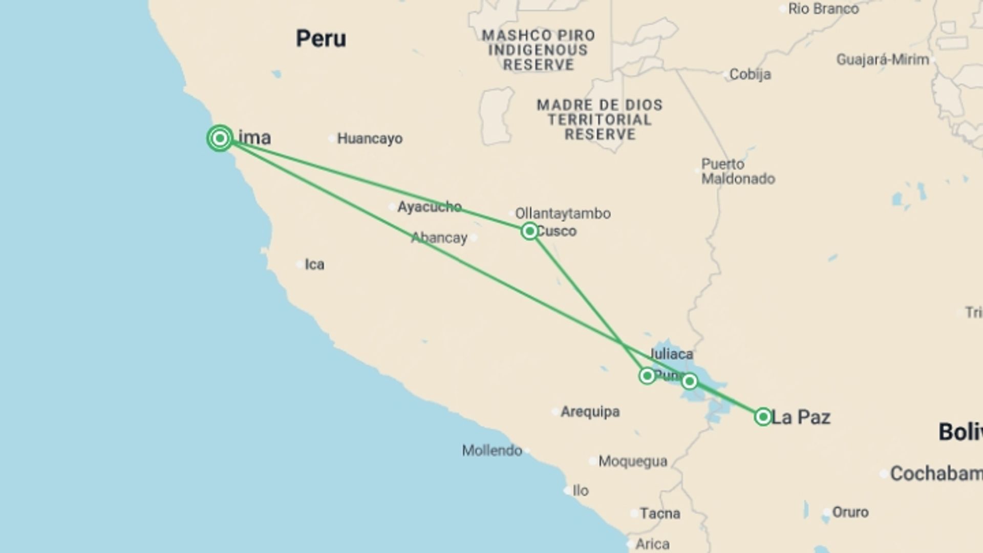 A map showing the tour itinerary for the trip: Totally Peru & Bolivia - 13 days, starting in Lima, Peru and ending in Lima, Peru going through 4 other destinations.