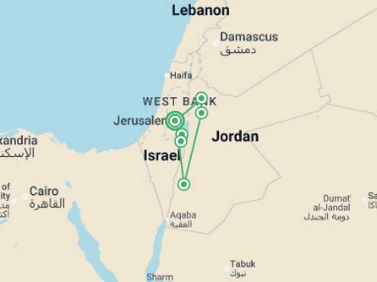 Map itinerary of Jordan Tour in Winter with 2 destination visits for the trip: Israel & Jordan Explorer 7D/6N (from Jerusalem/Tel Aviv)