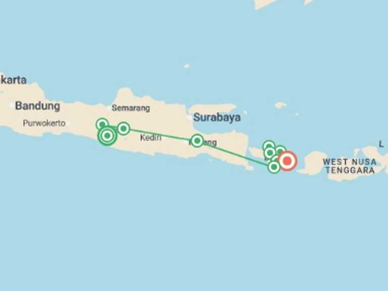 Map itinerary of Asia Tour in Spring with 11 destination visits for the trip: Indonesia: Yogyakarta to Bali