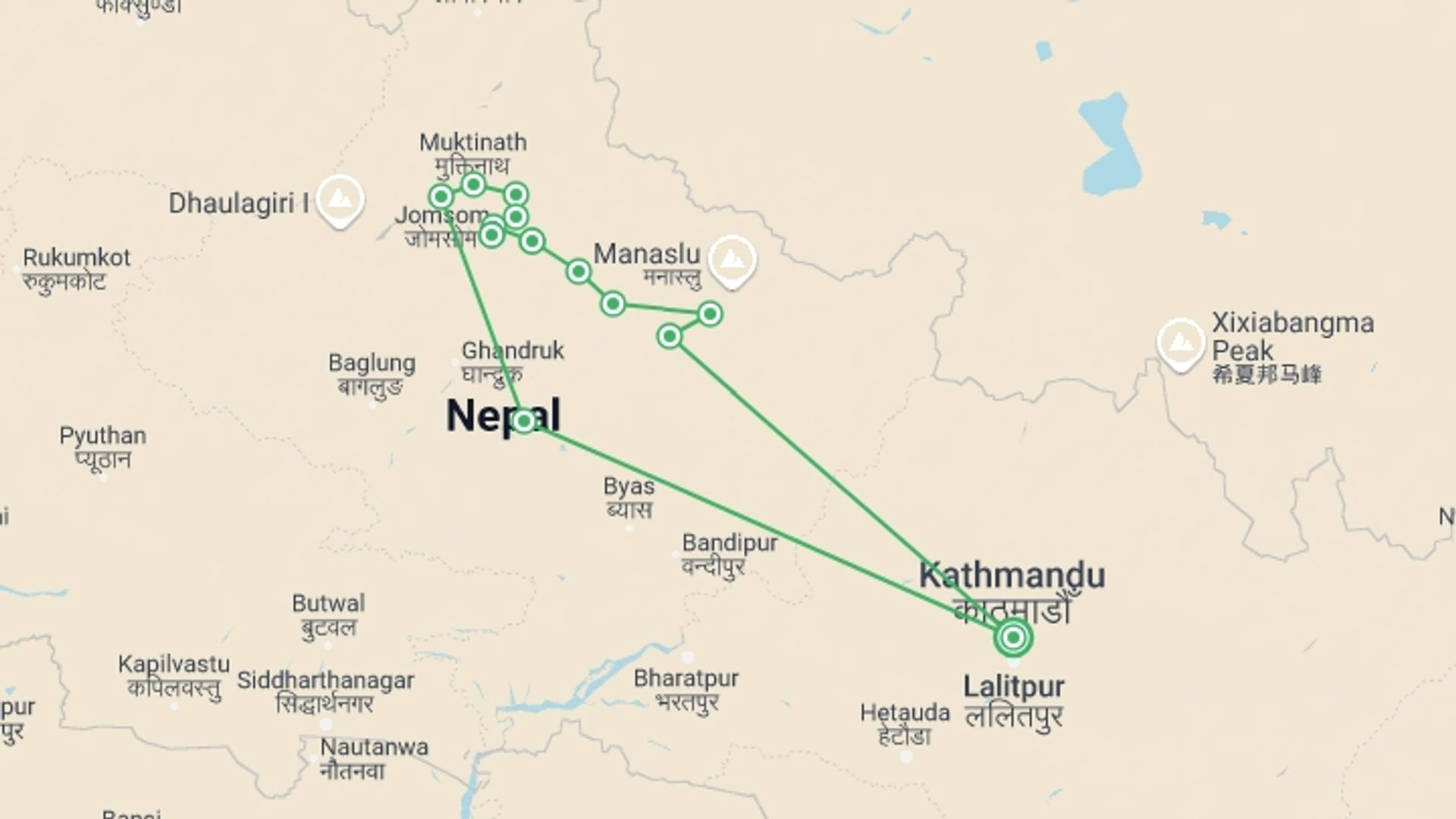 A map showing the tour itinerary for the trip: 15 Days Annapurna Circuit with Tilicho Lake Trek, starting in Kathmandu, Nepal and ending in Kathmandu, Nepal going through 13 other destinations.