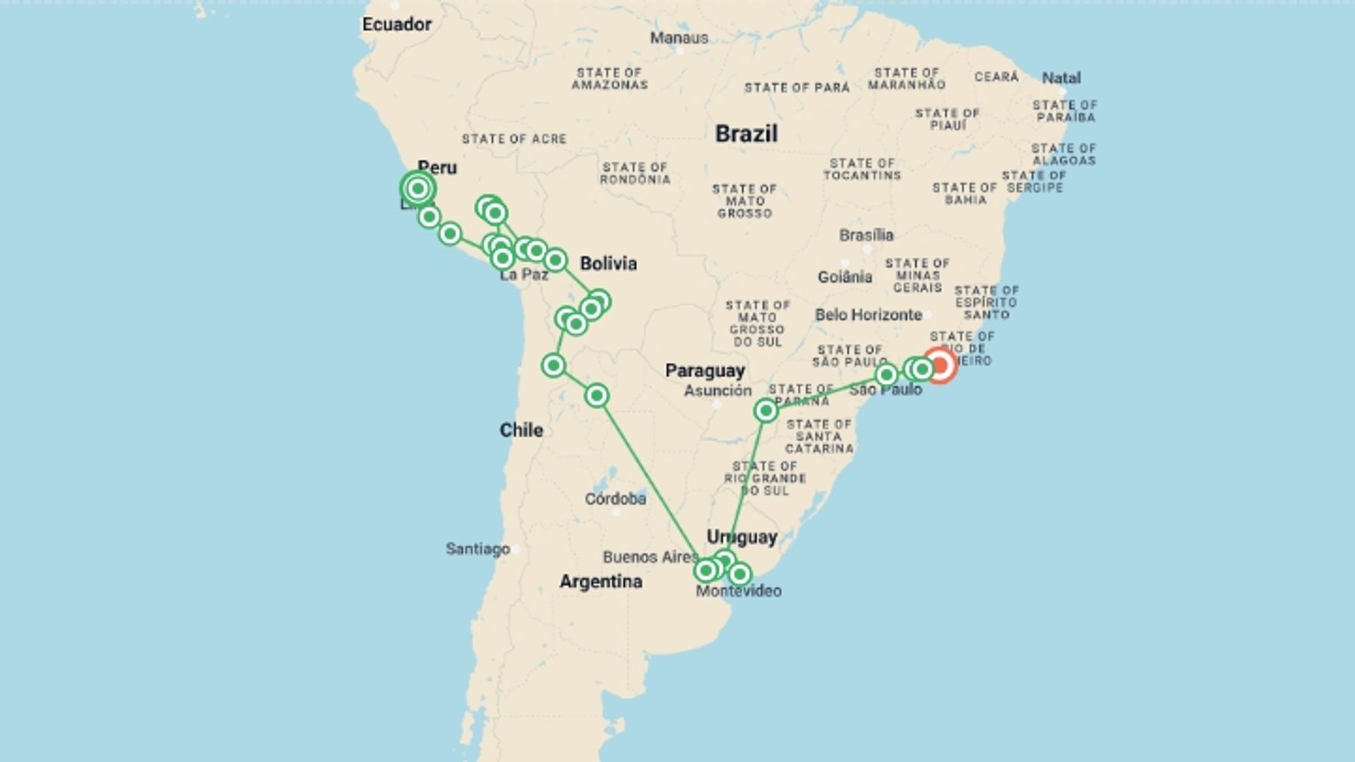 A map showing the tour itinerary for the trip: Lima to Rio: Coast to Coast, starting in Lima, Peru and ending in Rio de Janeiro, Brazil going through 26 other destinations.