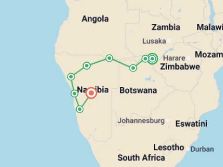 Map itinerary of Africa Tour in October 2026 with 9 destination visits for the trip: Southern African Desert Rivers and Wildlife (VFA to WDH)