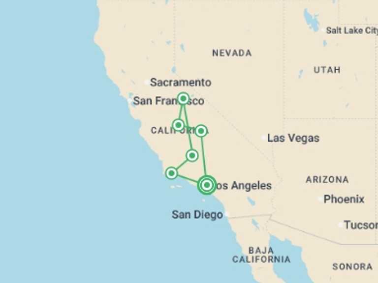 Map itinerary of USA Tour in December 2026 with 3 destination visits for the trip: Los Angeles, Yosemite, and Giant Sequoia