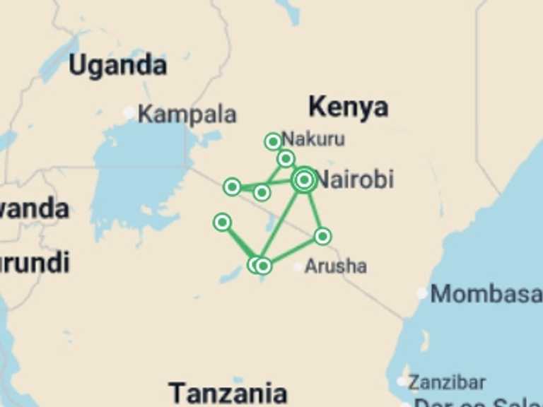 Map itinerary of Africa Tour in June 2026 with 9 destination visits for the trip: The Maasai Heartlands