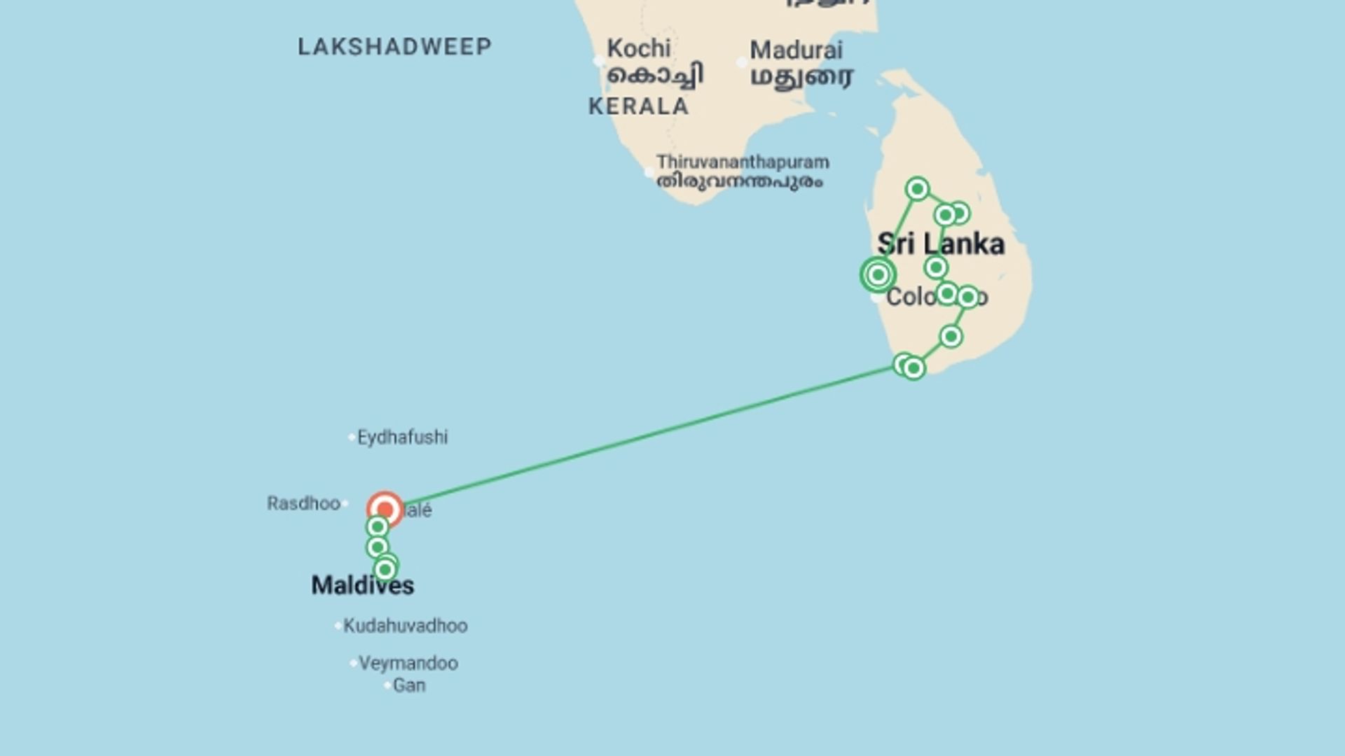 A map showing the tour itinerary for the trip: Sri Lanka in Depth + Maldive Dhoni Cruise, starting in Negombo, Sri Lanka and ending in Male, Maldives going through 13 other destinations.