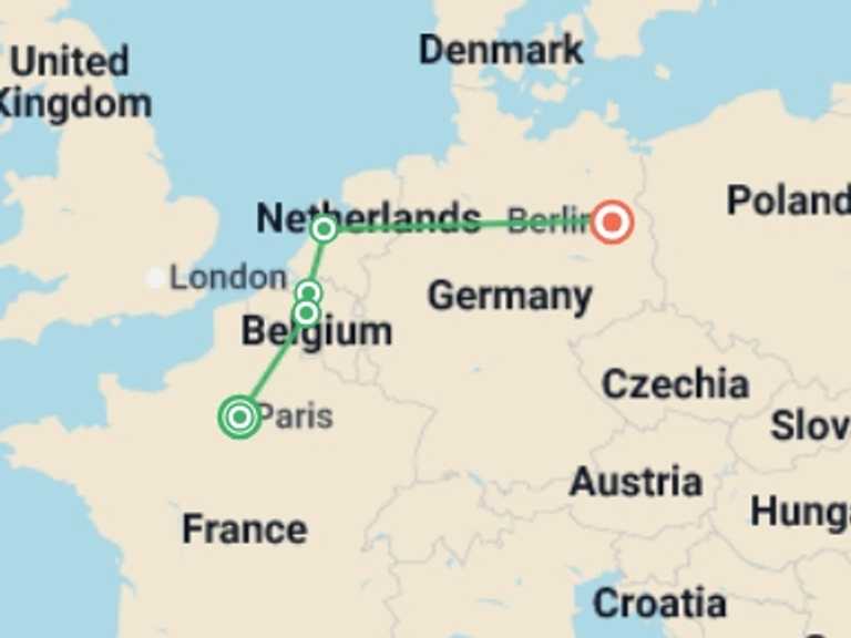 Map of Mediterranean Cultural, religious and historic sites Tour with 4 destination visits for the trip: Paris to Berlin