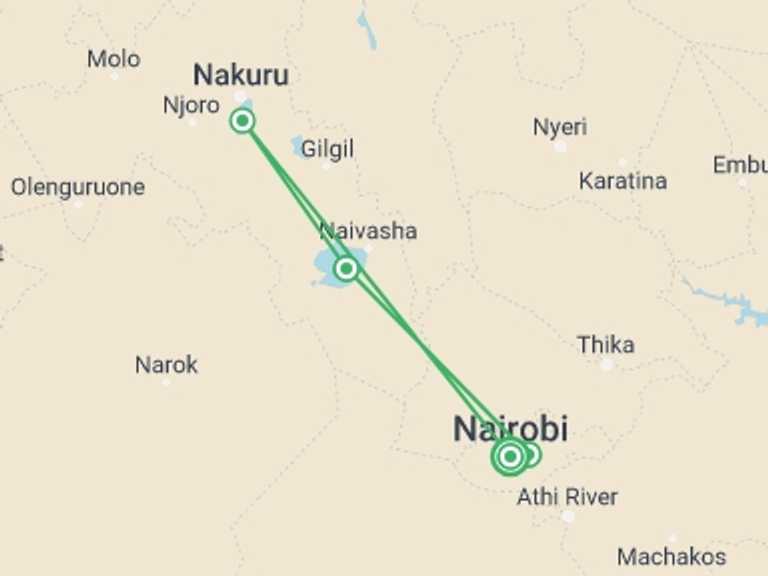 Map itinerary of Kenya Tour in Winter with 4 destination visits for the trip: Kenya Family Safari