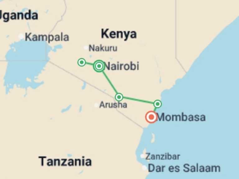 Map itinerary of Africa Tour in June 2027 with 5 destination visits for the trip: Kenya: Masai Mara, Tsavo & Coastal Wonders